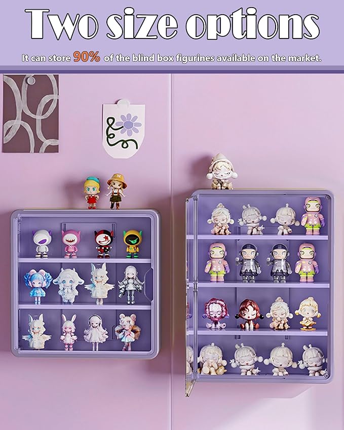 HGYZE Clear Display Case for Figures, 15.75" High, Wall Mounted Shelf with Magnetic Door, Hanging Display Case for Collectibles Action Doll Blindboxes Storage (Purple, 4-Layer 1 Pack)