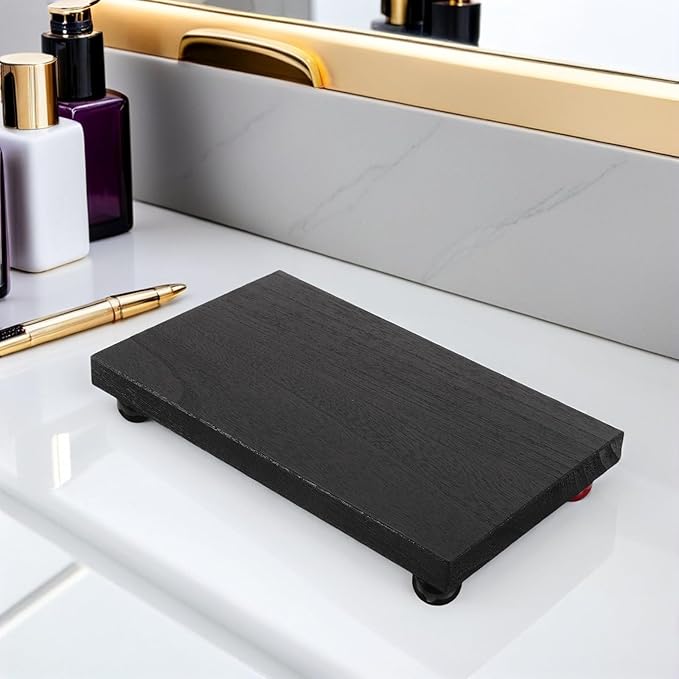 Wooden Makeup Organizer Tray Medium Black Rectangular Vanity Storage Tray for Perfume and Cosmetics Dressing Table Countertop Decor