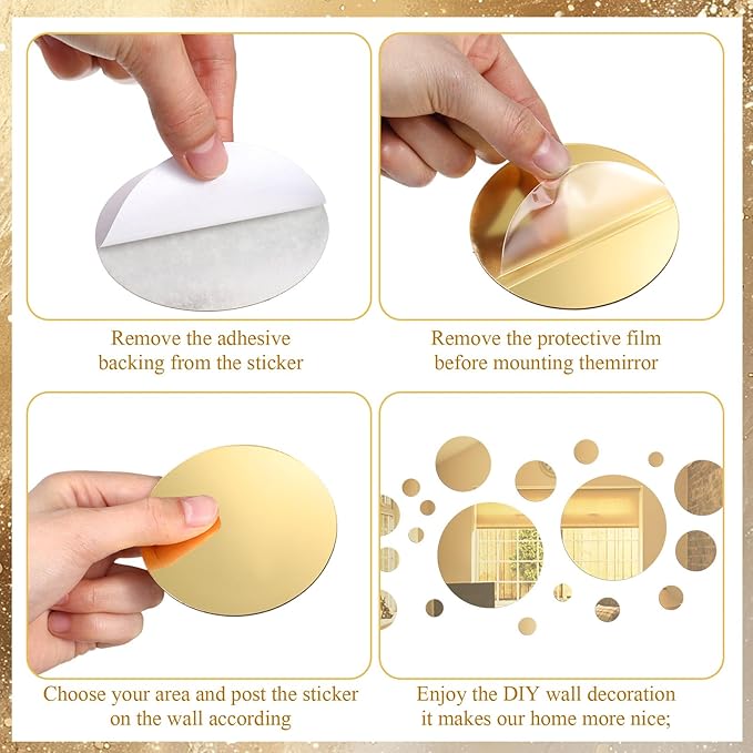 Shappy 32 Pieces Mirror Wall Stickers Removable Acrylic Setting Adhesive Round Circle Mirror Tiles Decals for Home Living Room Bedroom Decor(Gold,Small Size)