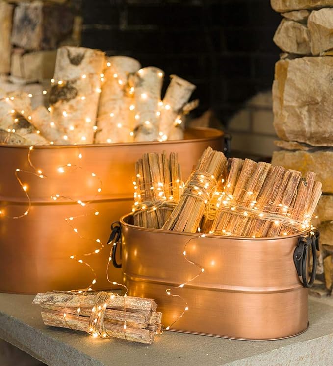 Plow & Hearth Vintage-Style Antique Copper Firewood Bucket with Wrought Iron Handles | Decorative Firewood Rack | Galvanized Steel Log Holder for Fireplace | 13.25" W x 11.25" H x 21.25" L