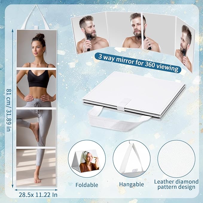 3 Way Foldable Full Length Mirror with Handle 31.89 x 11.22 Inches Leather Portable Camping Travel Hanging Folding Body Mirror for Makeup Dance Fitness Spa Hair Styling(White,Classic)