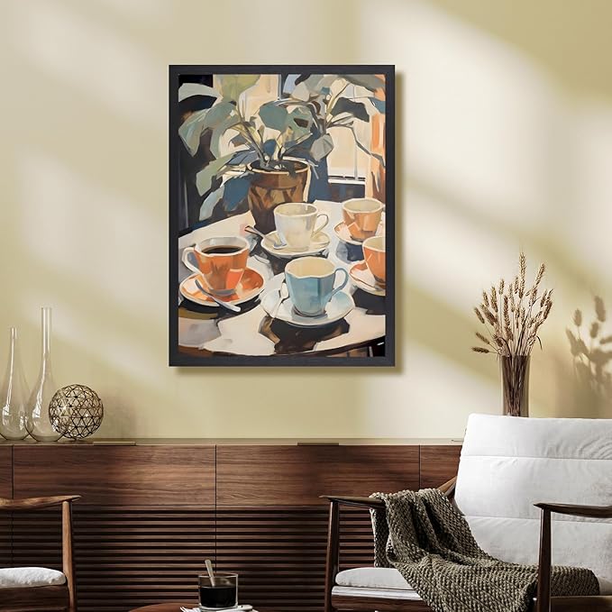 Cyebmo Retro Coffee Wall Art, Coffee Cup Plant Wall Decor, Watercolor Cafe Canvas Painting, Minimalist Vintage Travel Food Poster Print for Home Office Cafe Bar Living Room Wood Framed 16x24 Inch