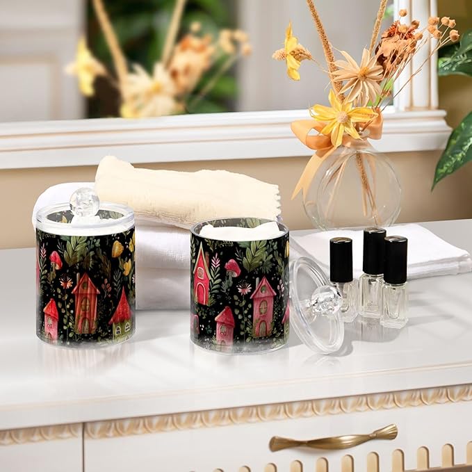2 Pack Apothecary Jars Watercolor Red House Dark Bathroom Vanity Storage Organizer Set,Small Clear Plastic Storage Jars Bathroom Canister for Cotton Swabs, Rounds, Balls, Qtips,Makeup Sponges,