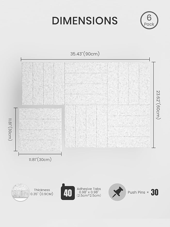 Bumusty Large Cork Board Alternative-36 x 24" Felt Bulletin Board Tiles, with 30 Pushpins, 40 Adhesive Tabs, Bold-Stripe 6-Pack, Cork Boards for Office Push Pin Board Felt Board-Light Gray