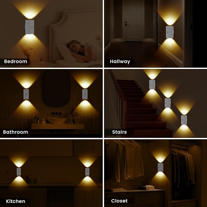 easuntec Rechargeable Motion Sensor Night Light Warm White, Wireless Dimmable, Magnetic Stick-on for Bedroom Stairs, Kids Elderly Baby, Long Lasting Battery for Cabinet, 2 Pack (Warm White, 2 Pack)