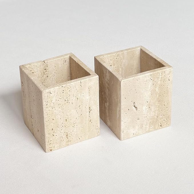 Natural Marble Stone Square Storage Container Empty Vessel Holder Cup for Candle/Pens/Sundries items (Beige Travertine)