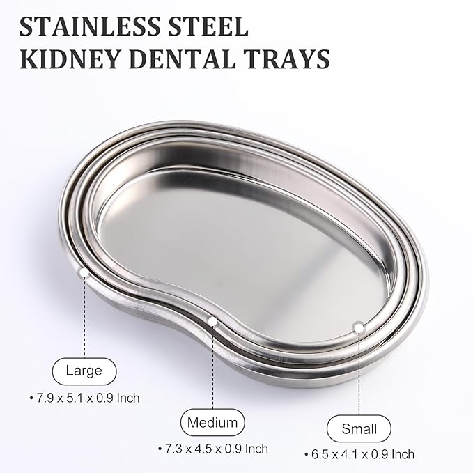 SUTOKAKA 3 Pack Stainless Steel Kidney Tray, Large Medium Small Size Metal Dental Trays, Reusable Surgical Placing Dish for Piercing, Lab Instrument, Kitchen Baking, Pet, Bathroom Tools