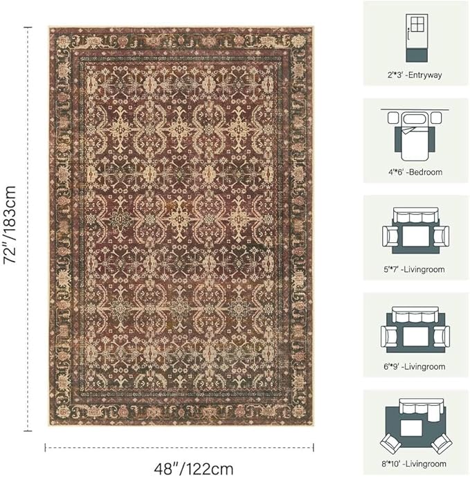Rugxara Area Rugs for Living Room Bedroom, Washable Christmas Rug, Vintage Oriental Boho Rug, Non Slip & Low Pile Faux Wool Thin Accent Carpet for Indoor Dining Room, Kids Room and Office(Red 4x6ft)