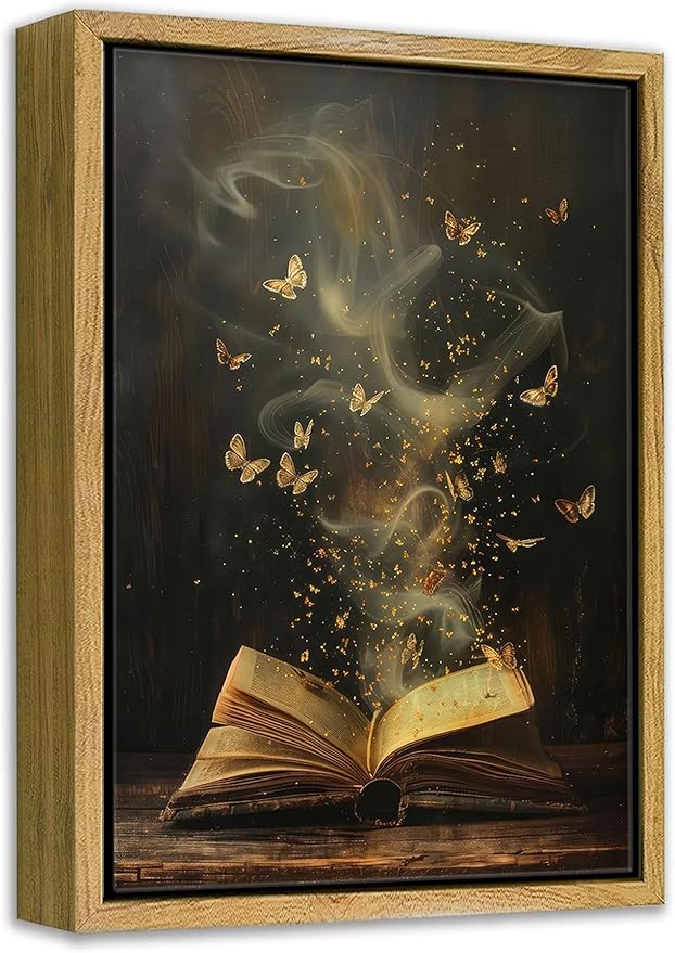 Framed Moody Victorian Bookish Wall Art Dark Academia Library Canvas Wall Decor Picture Vintage Reading Nook Butterfly Aesthetic Painting Poster Print for Gallery Library Bookstore Decoration 12x16in