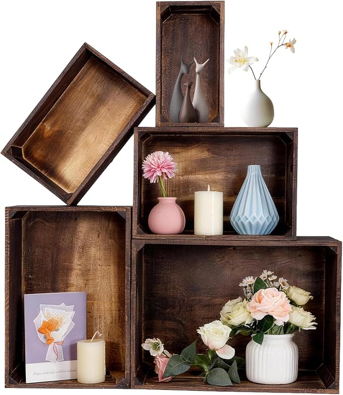 Wooden Crates for Display 5 Pack Large Rustic Nesting Wooden Basket with Handle, Farmhouse Wood Crate for Storage and Container, 5 Size Multipurpose Wood Basket for Fruits Vegetables Boxes