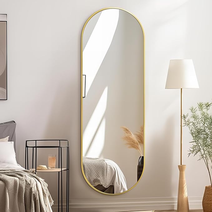 Niccy 65"×22" Oval Full Length Mirror, Long Oval Mirrors with Unique Metal Frame Large Explosion-Proof Hanging Mirrors for Living Room, Decorative Vanity Mirror for Bathroom, Bedroom, Teal-Gold