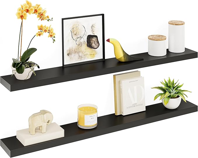 Ballucci Floating Shelves for Wall, 55 inch 2-Tier Black Shelf, Invisible Brackets, Wood Wall Shelf for Living Room, Bedroom, Kitchen Organizer, Clearing Clutter