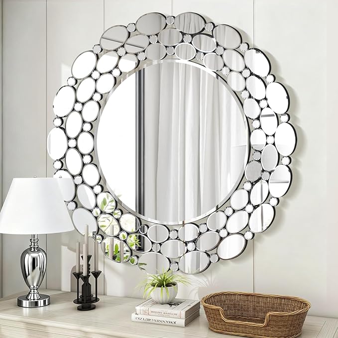 35" Large Round Wall Mirrors, Modern Silver Mirror for Wall Decor, Elegant Decorative Mirror for Entryway, Living Room, Bedroom, Bathroom, Dining Room
