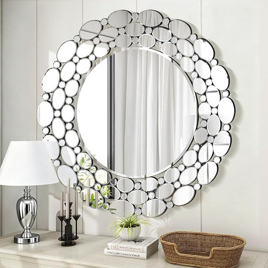 35" Large Round Wall Mirrors, Modern Silver Mirror for Wall Decor, Elegant Decorative Mirror for Entryway, Living Room, Bedroom, Bathroom, Dining Room