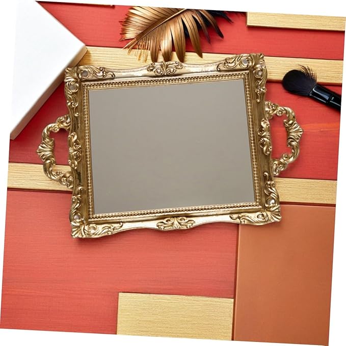 BESPORTBLE Retro Carved Golden Mirror Tray Resin Storage Decorative Plate Nordic Style Wedding Makeup Vanity Organizer for Cosmetics and Room Décor