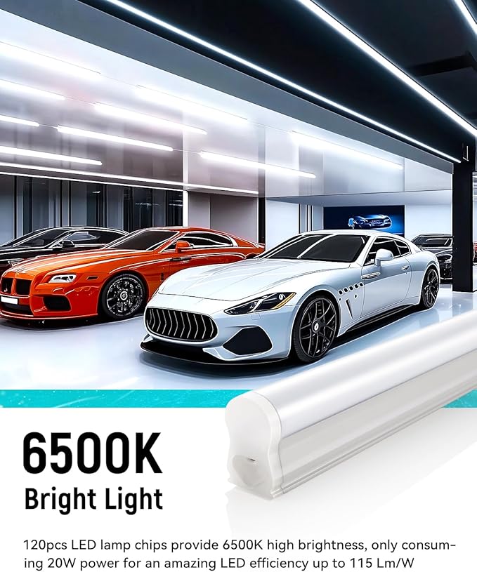 (4 Pack) 4FT T5 LED Shop Light,6500K,20W,2300LM(Super Bright White) Linkable LED Integrated Fixture,Garage Ceiling and Cabinet Light,Strip Light,Corded Electric with ON/Off Switch