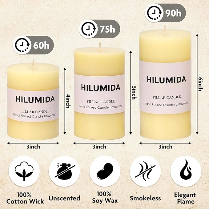 Ivory Pillar Candles Set of 3 - Hand-Poured Unscented Candles, 4", 5", 6" Smokeless Decorative Candles for Home, Set of 3 in Different Sizes