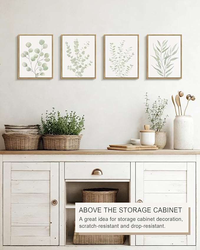 Drsoum Botanical Plant Framed Wall Art Boho Wall Decor for Bathroom Sage Green Eucalyptus Leaf Prints Minimalist Aesthetic Ready to Hang Set of 4, 8x10 in (Natural Framed)