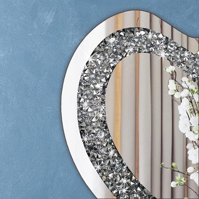 DMDFIRST Crystal Crush Diamond Heart Shaped Silver Mirror for Wall Decoration 20x20x1 inch Wall Hang Frameless Mirror Acrylic Diamond Décor.