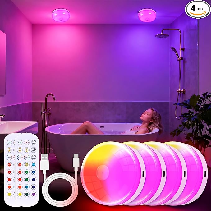 4-Pack Rechargeable Shower Light No Wiring, 15 RGBW Color Changeable Waterproof Lights for Shower with Remote(Dimmable＆Timer), LED Light for Inside Shower, Wireless Mood Lighting for Bathroom, White
