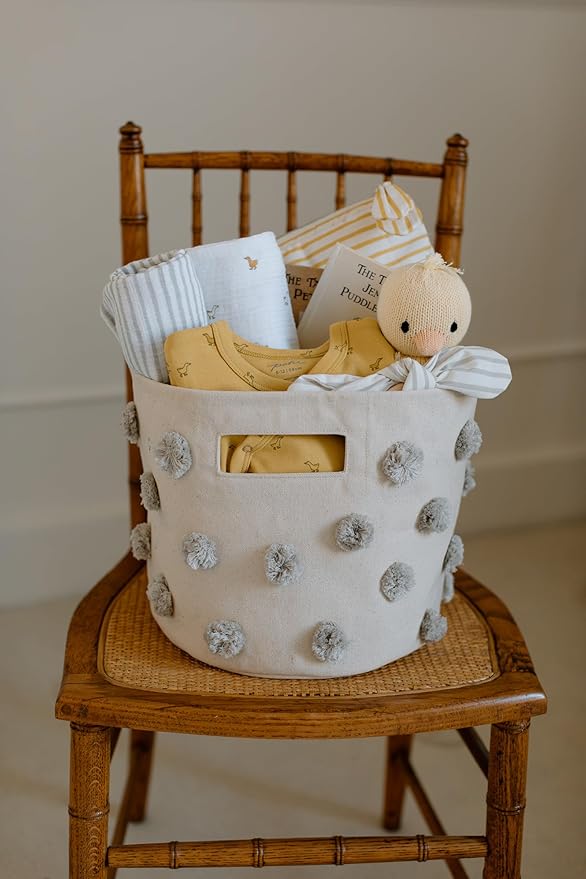 Pehr Pom Pom Basket, Pint (Grey) | 100% Cotton Canvas Storage for Nursery, Playroom & Home | Decorative Organizer | 10”D x 9”H
