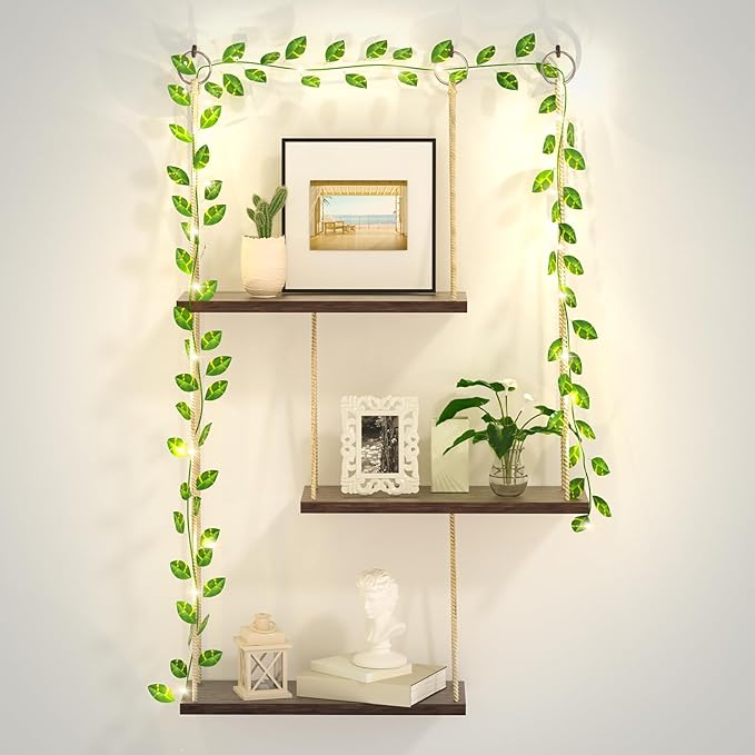 Hanging Shelves for Wall, 3 Tier Boho Wall Decor Hanging Shelf with Vine Lights, Rope Rustic Wood Floating Shelves Floral Plant Decor for Bedroom Living Room Dorm Office Women