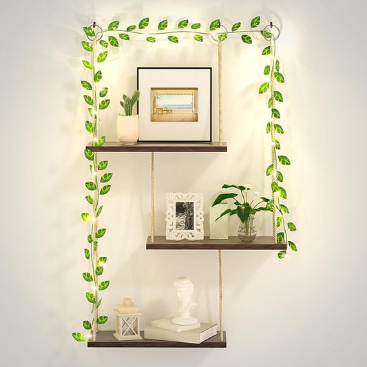 Hanging Shelves for Wall, 3 Tier Boho Wall Decor Hanging Shelf with Vine Lights, Rope Rustic Wood Floating Shelves Floral Plant Decor for Bedroom Living Room Dorm Office Women
