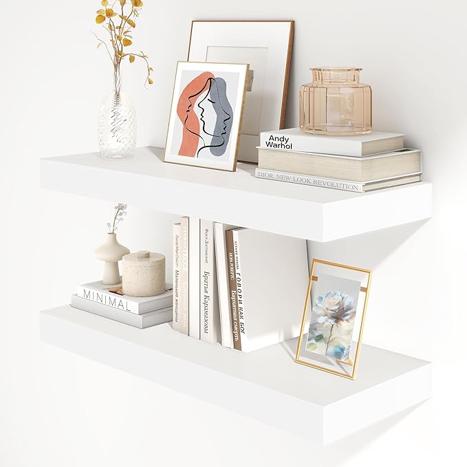 FLYJOE 30 Inch Floating Shelves | 12 Inch Deep White Floating Shelves Set of 2 | 30" W x 12" D Rustic Wood Shelves for Wall | Deep White Shelves for Living Room Bathroom Laundry Room Kitchen