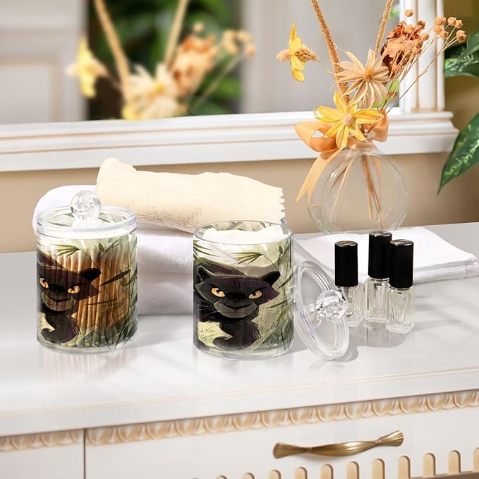 2 Pack Apothecary Jars,Panther in Jungle Grass Bathroom Vanity Storage Organizer Set,Small Clear Plastic Storage Jars Bathroom Canister for Cotton Swabs,Rounds,Balls,Qtips,Makeup Sponges