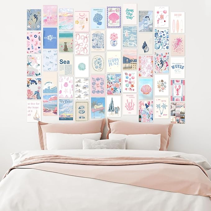 KBKBART Coastal Granddaughter Room Decor, Pink and Blue Wall Collage Kits, 50 Pcs 4x6 Inch Beachy Aesthetic Wall Art Prints Posters, Coastal Cowgirl Room Dorm Wall Decor for Teen Girls