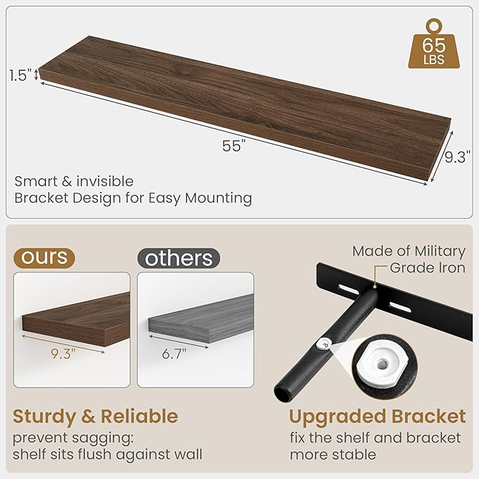 Fun Memories 55 Inch Long Floating Shelves for Wall, 55x9.3 Large Floating Shelf for Bedroom, Kitchen, Bathroom, Wall Mounted Rustic Wood Shelves with Invisible Bracket for Books, Decor, Walnut