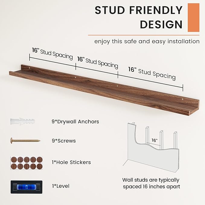 FLYJOE Picture Ledge Shelf, Floating Shelves Set of 2, 52 Inches Nursery Book Shelves for Toys Storage, Kids Bookshelf Wall Mounted for Living Room Bedroom Decor Books Photo Frames, Walnut