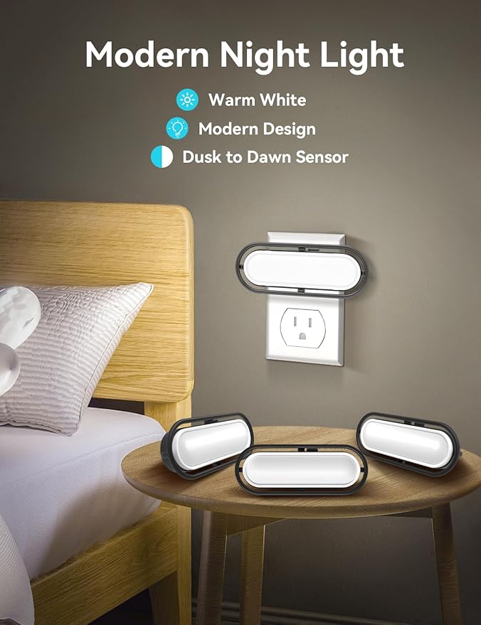 Night Light Plug in, Vintage Night Light Dusk to Dawn Sensor, Adjustable Brightness 0-100LM, 5000K Daylight White, Farmhouse Rustic Home Decor Nightlight for Hallway Bedroom Stairway, 4 Pack