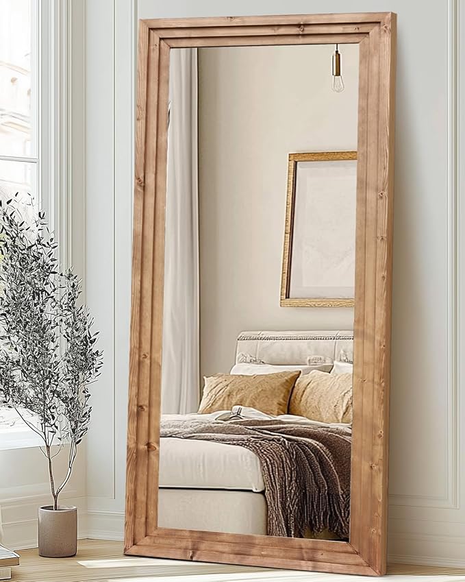 Full Length Mirror 76"x34" Solid Wood Frame Floor Large Mirror for Living Room, Bedroom Hanging or Leaning Wall-Mounted, Light Brown