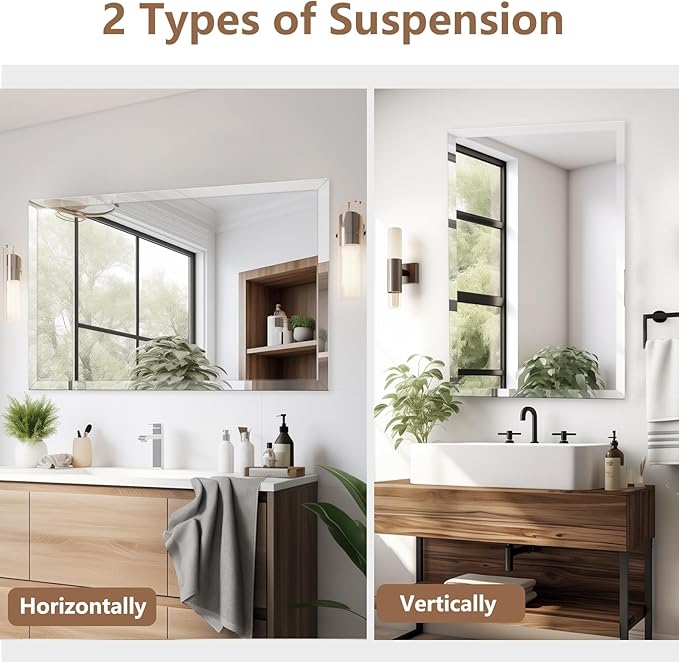 40x30 Inch Rectangle Frameless Mirror, Beveled Bathroom Mirror, Frameless Wall Mirror with 1" Beveled Edge for Bathroom Vanity, Entryway, Living Room