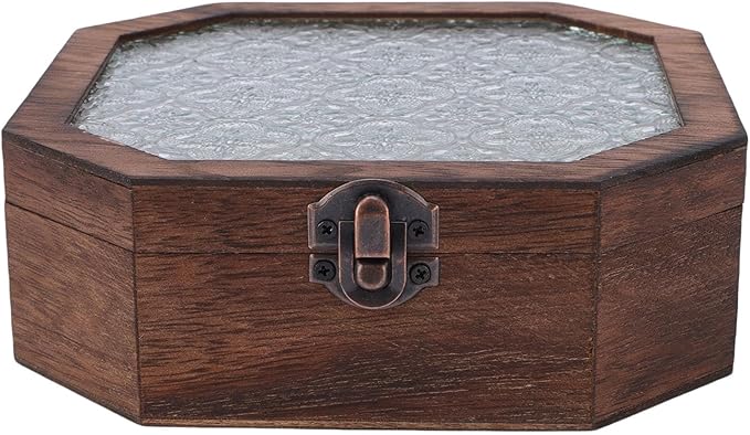 Vintage Begonia Wooden Jewelry Storage Box with Glass, Small Decorative Storage Organizer, for Makeup Cosmetics, Xmas Gifts