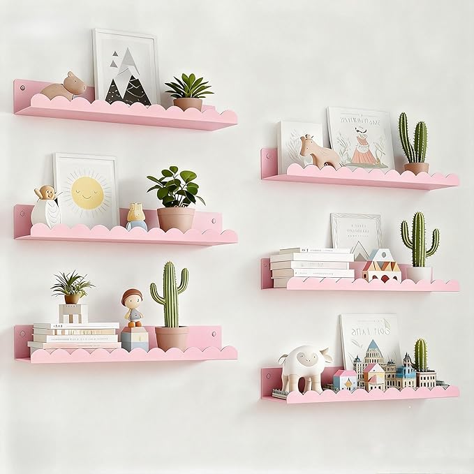 Nursery Book Shelves Set of 6, Pink Metal Floating Shelves for Wall, 16 Inch Scalloped Book Shelf for Kids Room, Bathroom, Bedroom, Playroom Wall Decor & Storage