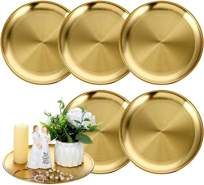 6 Pack Gold Tray Decorative Serving Decorative Gold Jewelry Bar Jewelry Dish Key Bowl Mirror Dresser Vanity Tray Makeup Organizer for Bathroom Candle Perfume Countertop(12 Inch)