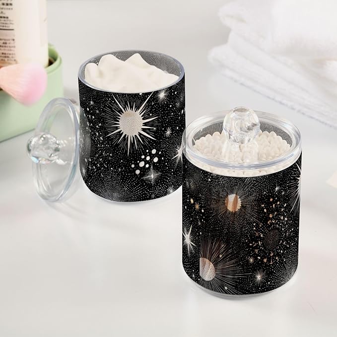 2 Pack Apothecary Jars Retro Dark Stars Sun Bathroom Vanity Storage Organizer Set,Small Clear Plastic Storage Jars Bathroom Canister for Cotton Swabs, Rounds, Balls, Qtips,Makeup Sponges, Floss