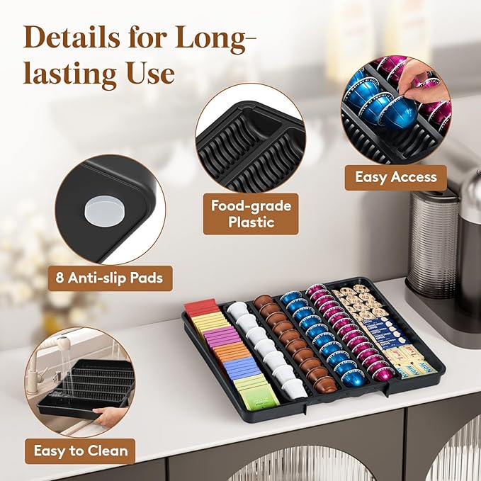 Lifewit Coffee Pod Holder Drawer Organizer, Expandable Coffee Pods Storage Drawers Insert for Tea Bags, Bar Organizer Compatible with K Cup, Nespresso OriginalLine, VertuoLine Capsules Black