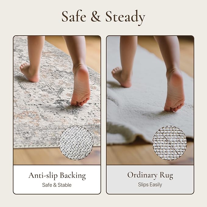 GENIMO 2'6"x11 Runner Rugs for Hallway, Machine Washable Non Slip Vintage Rugs, Low Pile Soft Chenille Print Rug for enrtyway, Corridor, Home Office,Light Taupe Brown