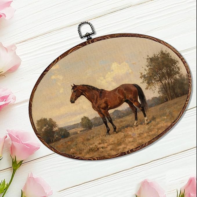 Vintage Horse Oval Framed Wall Art, Classic Horse Picture Canvas Art Painting Wall Decor, Rustic Cottagecore Hanging Decor Print Artwork for Home Bathroom Living Room Bedroom Farmhouse 12X8.3