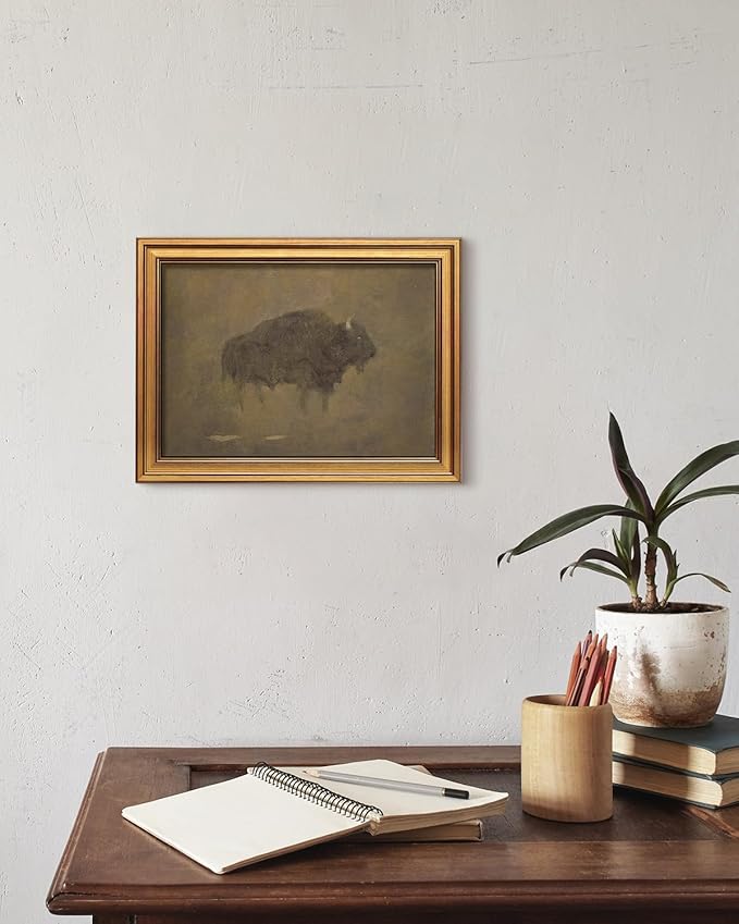 HUARCEY Gold Framed Canvas Wall Art, Retro Bison Picture Decor, Bedroom Bathroom Kitchen Farmhouse Decor, Moody Rustic Vintage Canvas Paintings, 12x16inch