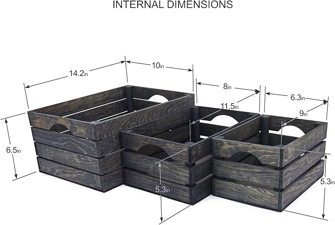 Rustic Wood Crates for vintage decorative display, Nesting Crate set for storage and farmhouse style decor, wooden boxes made from 100% Wood (Weathered Grey, Nested Set of 3)
