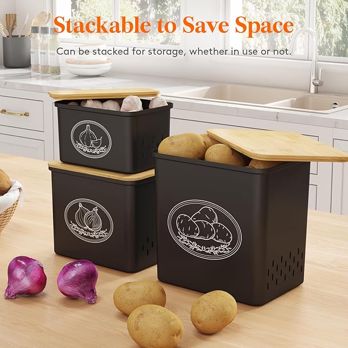 Lifewit Potato and Onion Storage Bin, Stackable Garlic Keeper with Aerating Holes and Lid, Plastic Vegetable Container Box for Pantry Countertop, Black, 24 x 18 x 24 cm/9.5 x 7 x 9.5 inch, Set of 3
