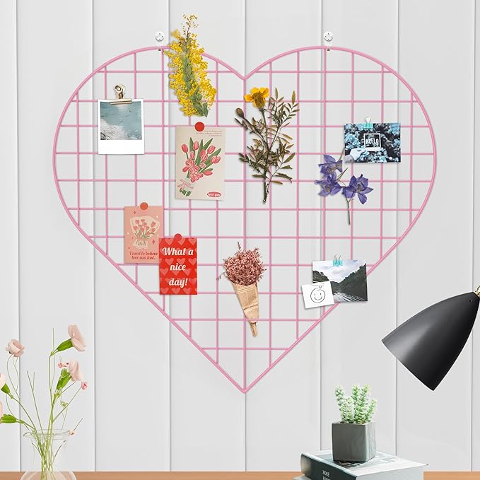 ECLENYES Grid Photo Wall Panels - 22.4"x20.4" Heart Shape Iron Rack Art Wire Board, Wall Grid Organizer, DIY Photo Frame for Home, Office, Kitchen, Bedroom, Christmas Gifts - Pink