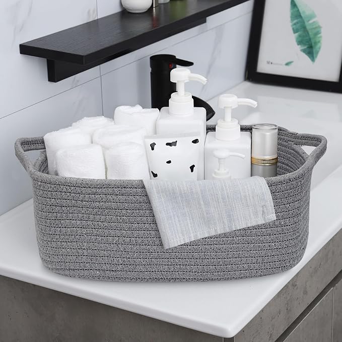 ABenkle Small Storage Basket with Handles, Cotton Rope Woven Dog Cat Toy Bin, Decorative Shelves Closet Organizing for Nursery Laundry Bedroom Bathroom, 14.2''x 11''x 5.1''