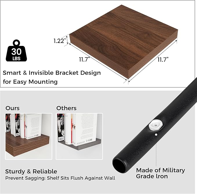 Square Floating Shelves for Wall 12"W x 12"D x 1.2"H, Small Engineered Wood Wall Shelves with Invisible Brackets for Living Room Bedroom Bathroom Office Kitchen Storage Decor, Walnut Finish, Set of 3