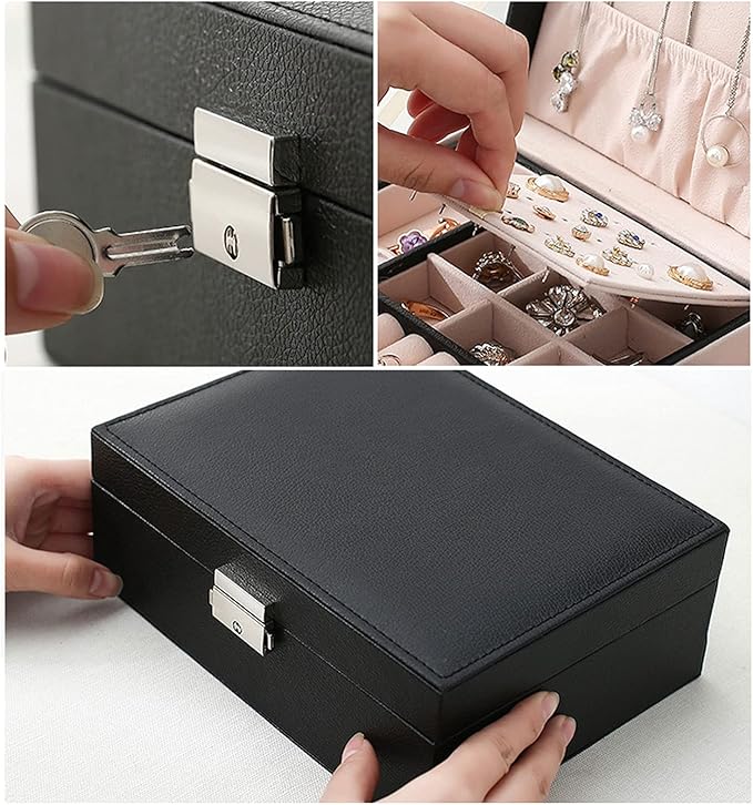 Jewelry storage box Makeup Organizers Jewelry Box,Jewelry Box for Women Large Leather Jewelry Organizer Two Layers with Lock Display for Earrings Bracelets Rings Watches Jewelry Case (B)