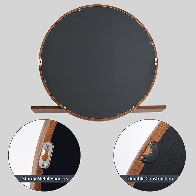 Wall Mirror with Shelf – Wood Circle Mirror for Entryway, Bathroom & Living Room – Unique Elegance & Multifunctional Design – 24 Inch